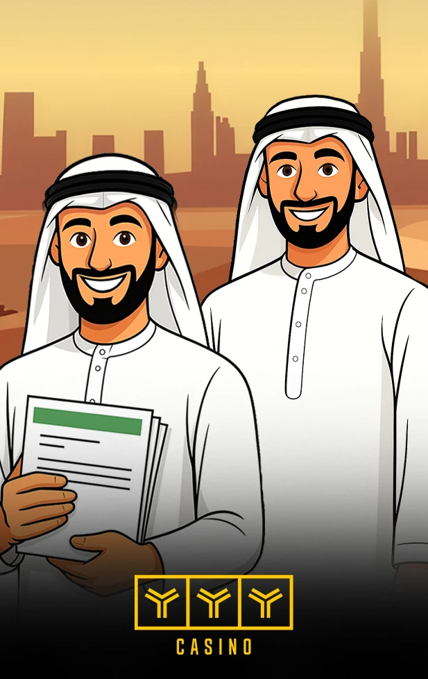 Two satisfied Arab users in Dubai holding a list that highlights the exclusive advantages of the YYY Casino mobile app, such as mobility for sports betting, unique bonuses, and optimized performance for players in the UAE.