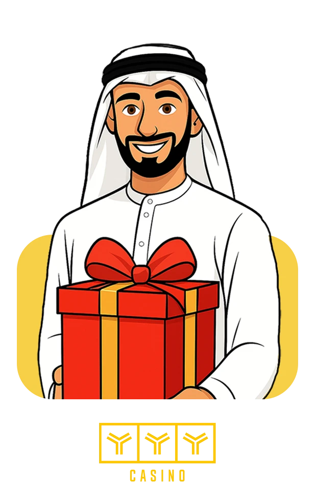 An Arab man holding a gift to represent the yyyonline Losing Streak Bonus of up to 4600 AED.