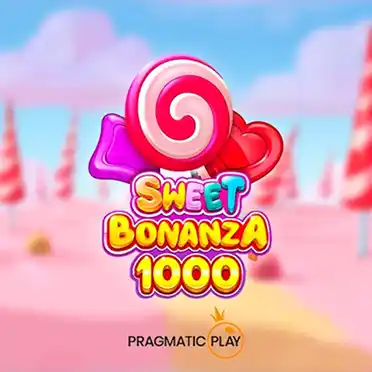 The colorful logo for the Sweet Bonanza 1000 online slot, set against a fantasy world of candies, lollipops, and fruit